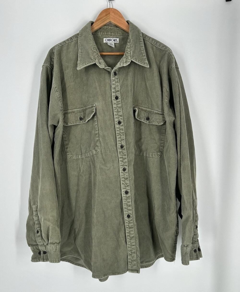 Vintage 90s Cherokee Button Up Corduroy Shirt Mens XXLT Long Sleeve Sage Green